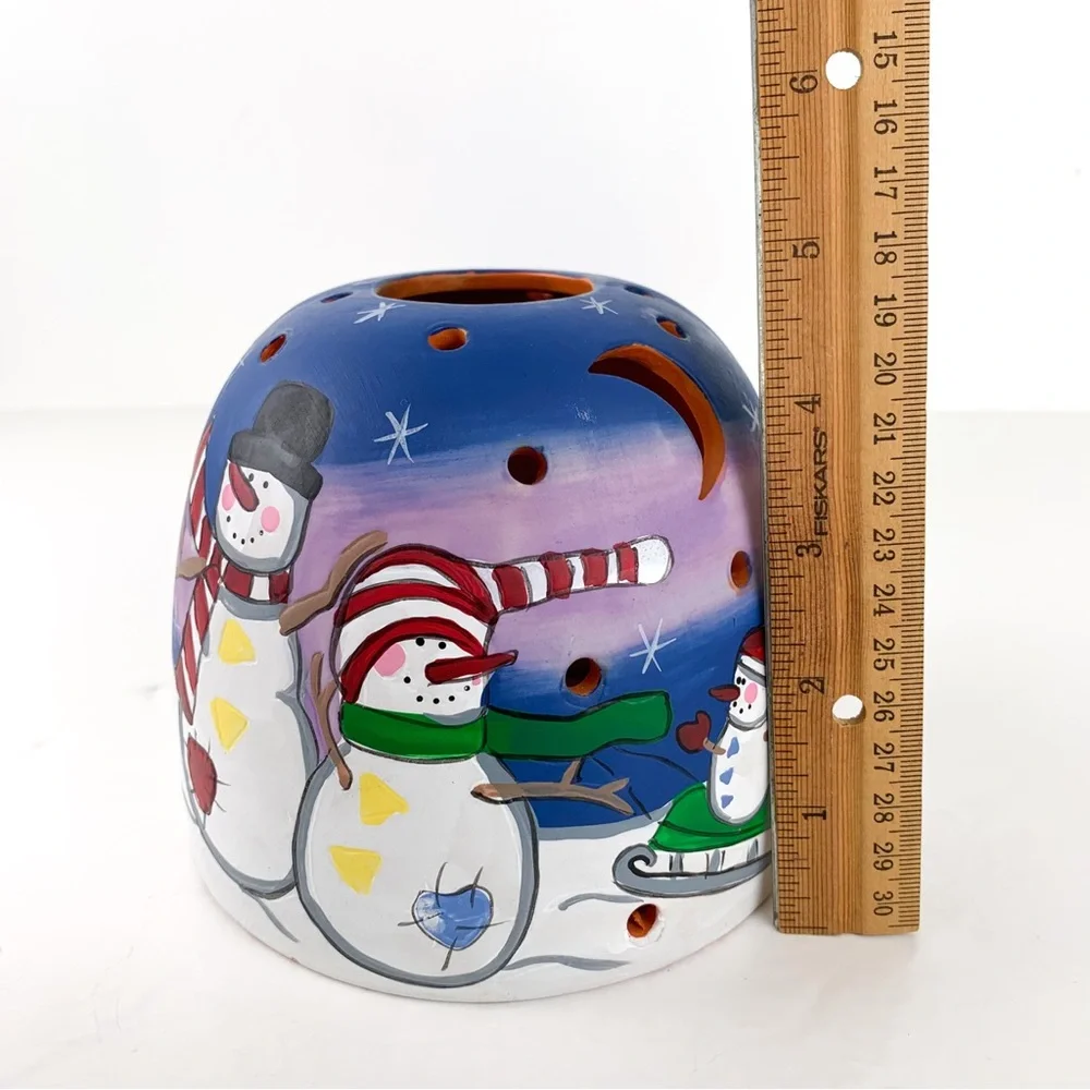 Vintage candle holder snowman Christmas ceramic dome tea light holder w/ cutouts